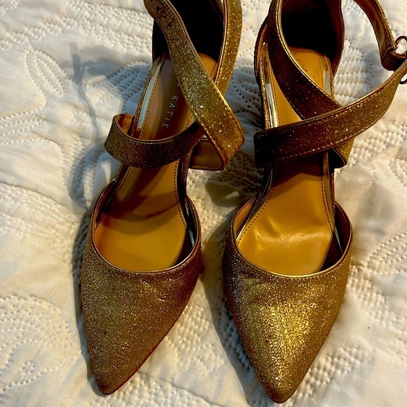 Kelly & Katie Shoes - Kelly and Kate gold sparkle heel, straps 2 in heels